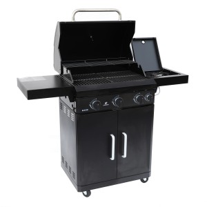 Czarny grill gazowy z półkami bocznymi i szafką.