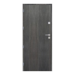 Szare drzwi wewnętrzne z fakturą drewna, klamką i zamkiem.