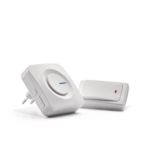 Biały, bezprzewodowy dzwonek do drzwi t.b.t. z odbiornikiem i nadajnikiem.
