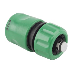 Zielona złączka do węża wodnego t.b.t. z funkcją stop do węży ogrodowych.