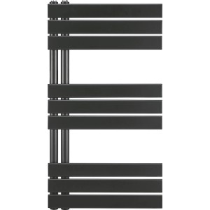 Czarny grzejnik t.b.t. z poziomymi lamelami do łazienki i salonu.