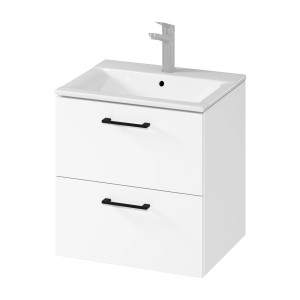 Biała szafka pod umywalkę t.b.t. z dwiema szufladami i czarnymi uchwytami.