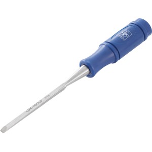 Dłuto LUX Classic, 6 mm, z niebieską plastikową rączką do obróbki drewna.