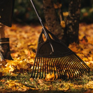 Grabie do liści Fiskars Solid XL podczas grabienia liści w ogrodzie.