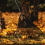 Grabie do liści Fiskars Solid XL podczas grabienia liści w ogrodzie.