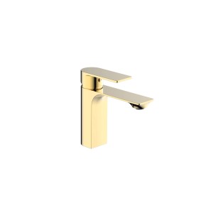 Złota bateria umywalkowa t.b.t. do nowoczesnych łazienek.