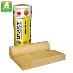 Żółta wełna mineralna Isover Uni-Mata w rolce do izolacji.