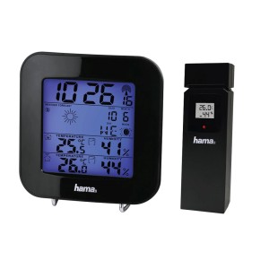 Czarna stacja pogodowa z czujnikiem zewnętrznym temperatury i wilgotności.