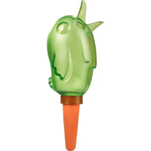 Scheurich Bördy S, dozownik wody w kształcie zielonego ptaka z pomarańczowym stożkiem do roślin doniczkowych.