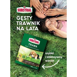 Opakowanie nasion trawy Substral z rodziną na trawie. Idealne do gęstego, trwałego trawnika.