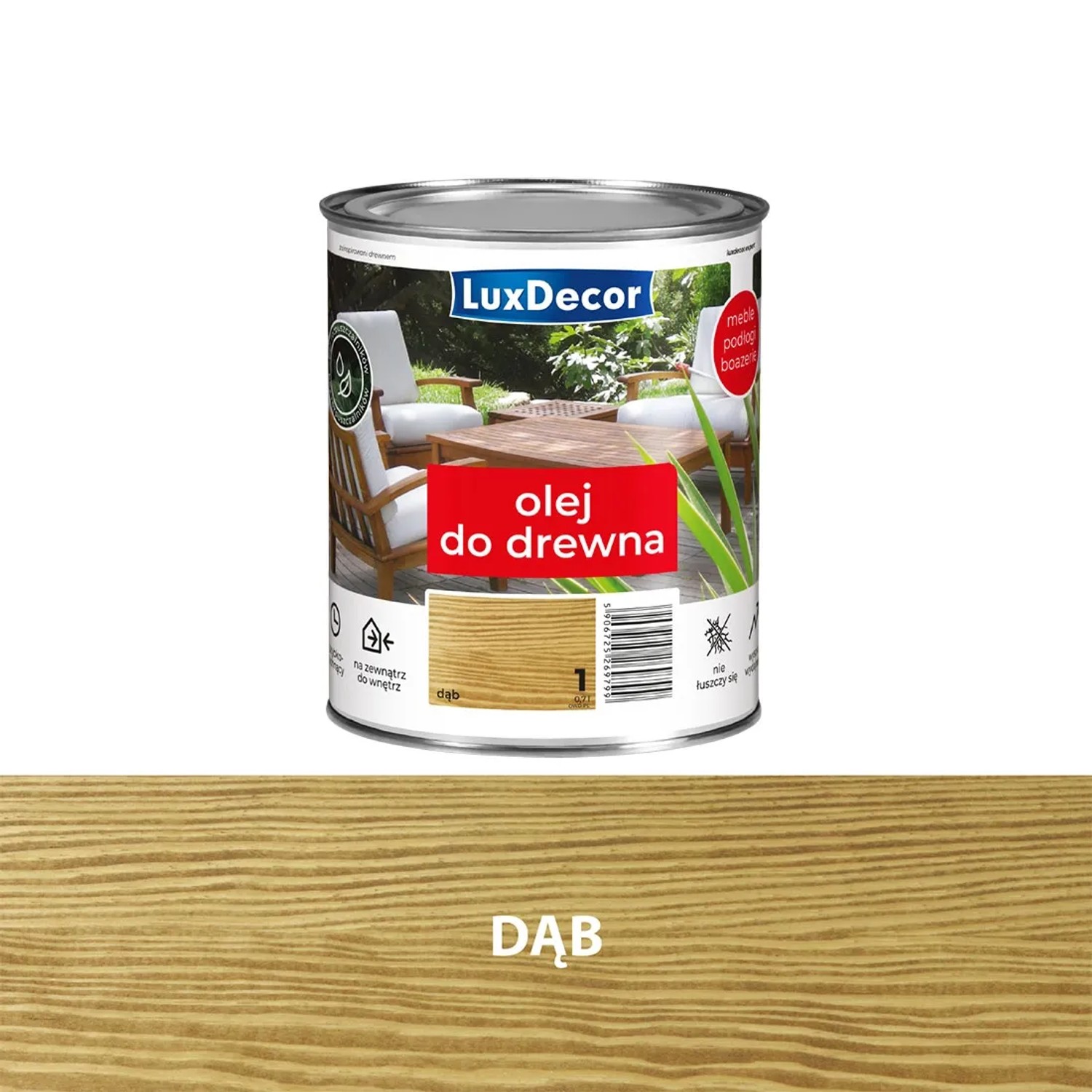Puszka oleju do drewna LuxDecor, odcień dąb. Nadaje się do użytku zewnętrznego.