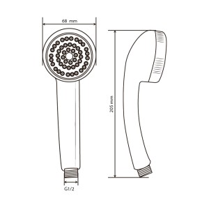 Rysunek techniczny: słuchawka prysznicowa t.b.t. o wymiarach 68 mm i 205 mm.