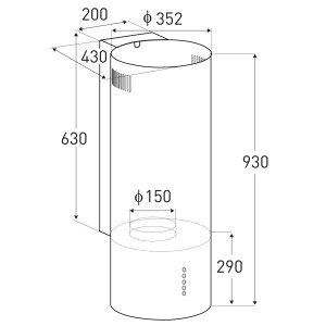 Rysunek techniczny okrągłego okapu ściennego OBI z wymiarami.
