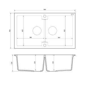 Rysunek techniczny zlewozmywaka granitowego t.b.t. z wymiarami.