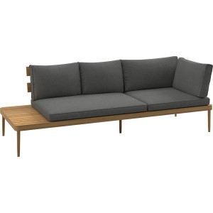 t.b.t. Zestaw mebli ogrodowych z szarymi poduszkami i drewnianą ramą.