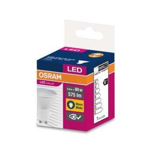 Żarówka LED GU10 OSRAM, ciepła biel, 6.9W, w opakowaniu.