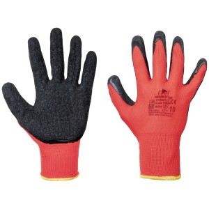 Rękawice robocze t.b.t. z czarną dłonią i czerwonym grzbietem.
