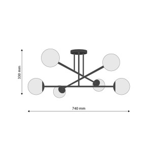 Czarna lampa wisząca t.b.t. z sześcioma szklanymi kulami i wymiarami.