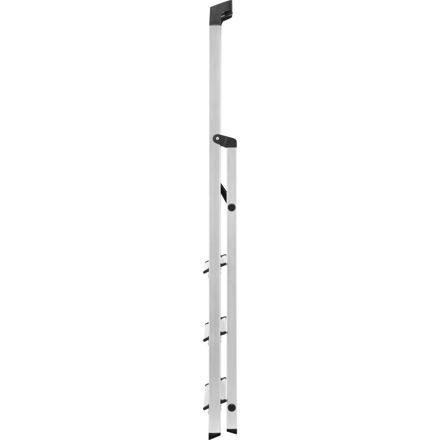 Złożona 4-stopniowa aluminiowa drabina domowa, wysokość robocza 275 cm, nośność 150 kg.