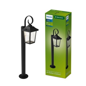 Czarna lampa zewnętrzna Philips Buzzard, 75 cm, w kształcie latarni. Zawiera opakowanie produktu.