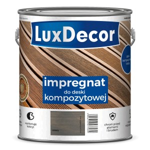 Szara lazura do drewna kompozytowego LuxDecor, chroni przed plamami i brudem.