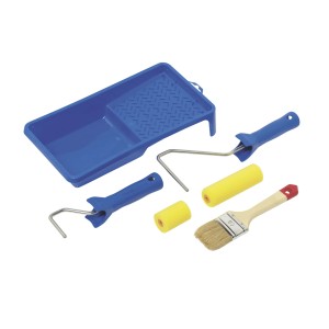 6-częściowy zestaw do malowania z kuwetą, dwoma wałkami, uchwytami i pędzlem płaskim.