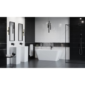 Nowoczesna łazienka z czarno-białymi płytkami, wanną i elementami dekoracyjnymi.