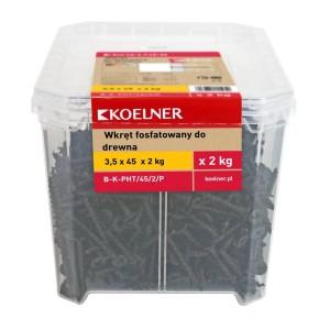 Wkręty do drewna KOELNER, 3,5x45 mm, opakowanie 2 kg w przezroczystym pojemniku.