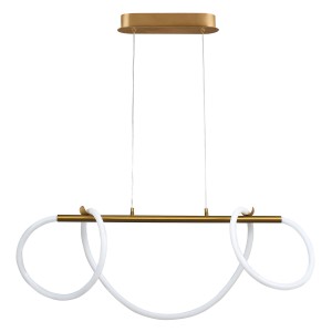 Nowoczesna lampa wisząca LED w kolorze złotym z przeplatanymi białymi elementami świetlnymi.