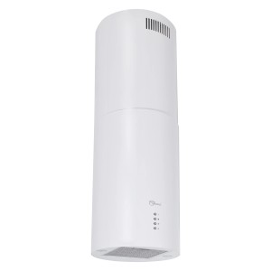 Biały okap wyspowy t.b.t. do nowoczesnych kuchni, cylindryczny kształt.