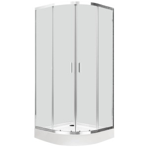 Półokrągła kabina prysznicowa ze szklanymi drzwiami i srebrną ramą.