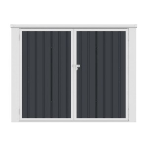 Szary pojemnik na odpady z podwójnymi drzwiami i białą ramą.