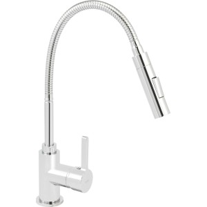 Bateria jednouchwytowa t.b.t. z chromowanym wykończeniem i elastyczną wylewką.