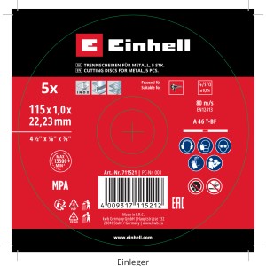Einhell Korundowe tarcze tnące cienkie 115 mm do stali nierdzewnej i metalu, 5 sztuk.