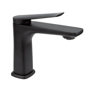 Czarna bateria umywalkowa t.b.t. do nowoczesnych łazienek.