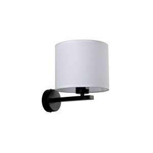 Czarny kinkiet z białym abażurem z tkaniny do nastrojowego oświetlenia.