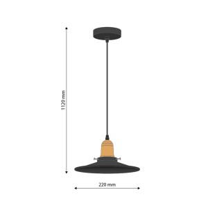 Czarna lampa wisząca t.b.t. z kloszem i wymiarami.