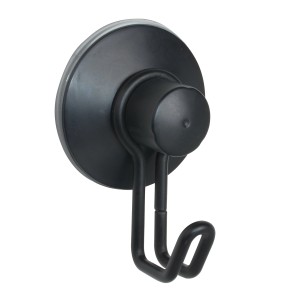 Czarny haczyk łazienkowy z przyssawką do montażu na ścianie.