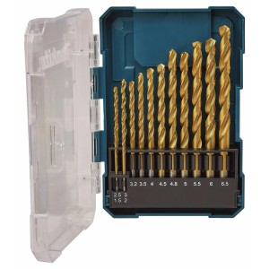 Zestaw wierteł do metalu w pudełku: Złote wiertła w różnych rozmiarach do obróbki metalu.
