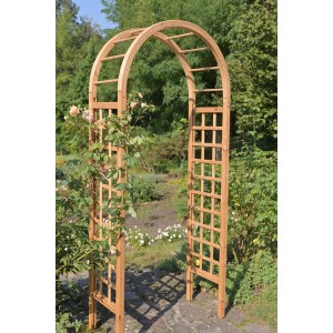 Drewniana pergola ogrodowa, idealna jako podpora dla roślin pnących.