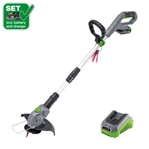 Zestaw akumulatorowego podkaszarki LUX A-RT-20/26 z akumulatorem i ładowarką. Podkaszarka ogrodowa z teleskopowym uchwytem.