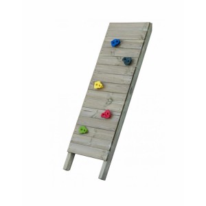 Drewniana ścianka wspinaczkowa z kolorowymi uchwytami dla dzieci, część kategorii "Dalszy sprzęt do zabawy".