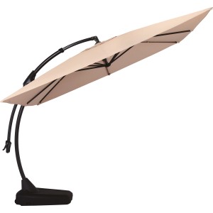 Beżowy parasol wiszący Peoria, 300x300 cm, z korbą i czarną podstawą.