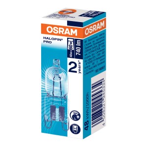 Żarówka halogenowa Osram Halopin Pro w opakowaniu, 48W/60W, 740 lm.