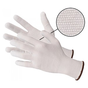 Białe rękawice robocze t.b.t. z teksturowanym uchwytem dla lepszego trzymania.