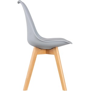 Szare krzesło tapicerowane t.b.t. z drewnianymi nogami, idealne jako wygodne krzesło do jadalni.