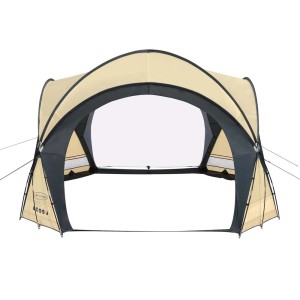 Zadaszenie basenowe t.b.t. w kolorze beżowym i szarym.