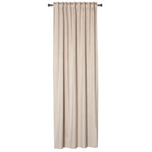 Beżowa zasłona z taśmą marszczącą do karniszy.