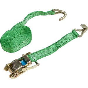 Zielony pas mocujący z grzechotką i hakami do bezpiecznego transportu.
