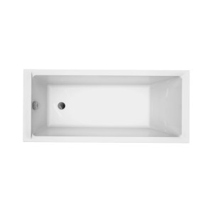 Prostokątna wanna, widok z góry. Prosty design w kolorze białym z odpływem.